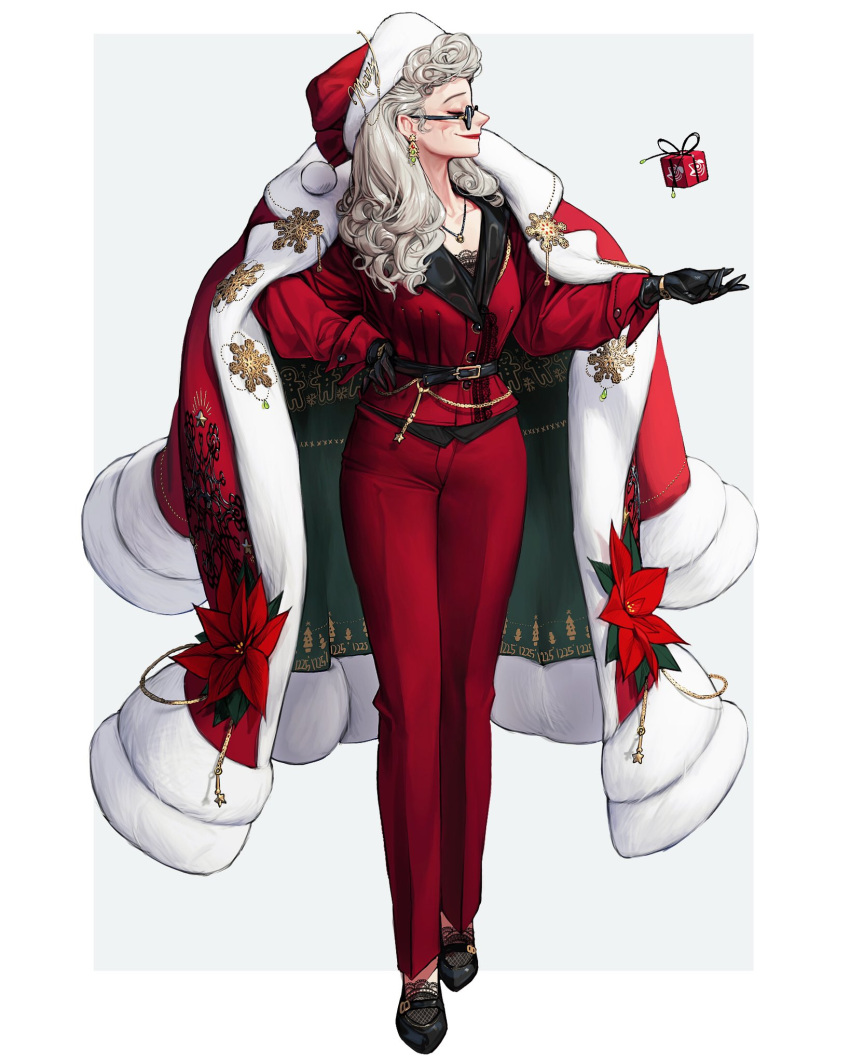 1girl black_footwear black_gloves closed_eyes earrings full_body gloves hand_on_hip hat highres jacket jewelry long_hair long_sleeves original pants profile red_jacket red_pants rinotuna santa_hat shoes smile solo standing sunglasses white_background white_hair