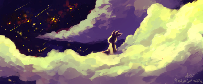 clouds cloudy_sky combusken commentary creature english_commentary gen_3_pokemon musicalcombusken night night_sky no_humans pokemon pokemon_(creature) signature sitting sky solo star_(sky) starry_sky