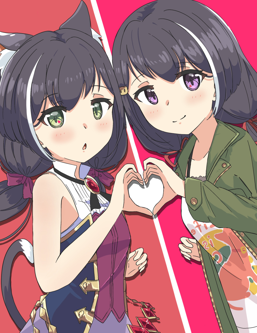 2girls absurdres animal_ear_fluff animal_ears bangs bare_arms black_hair blush bow cat_ears cat_girl cat_hair_ornament cat_tail chestnut_mouth closed_mouth coat commentary eyebrows_visible_through_hair green_coat green_eyes hair_bow hair_ornament heart heart_hands heart_hands_duo highres karyl_(princess_connect!) karyl_(real)_(princess_connect!) long_hair long_sleeves looking_at_viewer melerdon multicolored_hair multiple_girls open_mouth princess_connect! princess_connect!_re:dive purple_skirt shirt skirt sleeveless sleeveless_shirt smile streaked_hair tail violet_eyes white_hair white_shirt