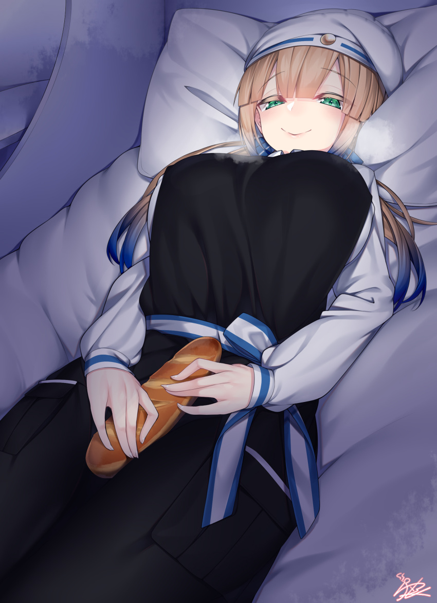 1girl apron baguette black_apron blonde_hair blue_hair blush bread breasts captain_nemo_(fate/grand_order) fate/grand_order fate_(series) food gradient_hair green_eyes highres large_breasts looking_at_viewer lying multicolored_hair on_bed pillow smile solo watosu