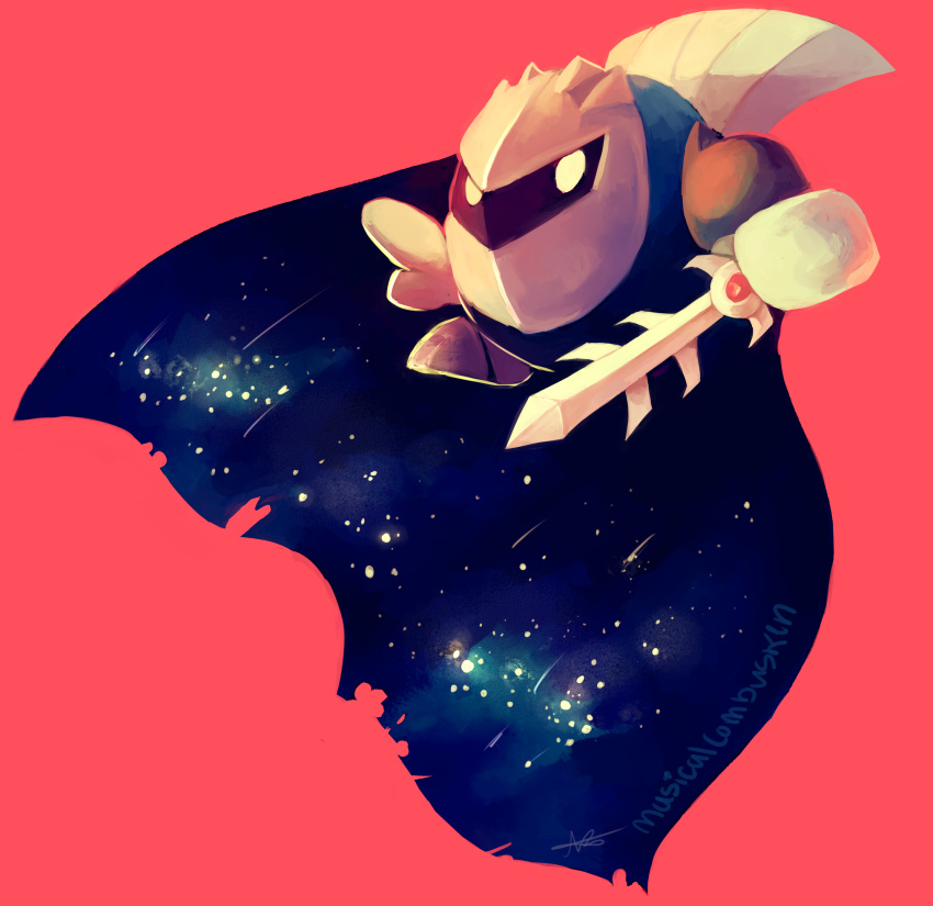 cape commentary english_commentary full_body highres holding holding_sword holding_weapon kirby_(series) meta_knight musicalcombusken red_background signature simple_background sky solo star_(sky) starry_sky sword weapon