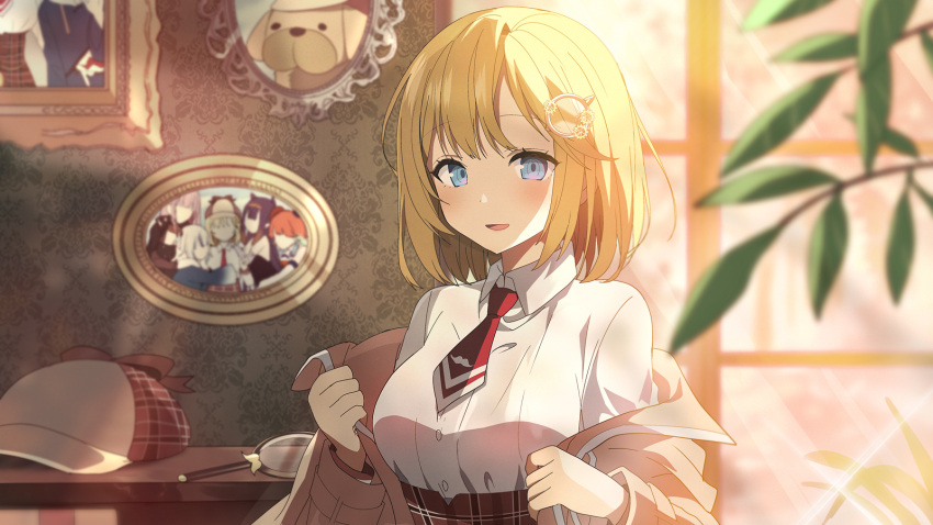 bangs blonde_hair blue_eyes bubba_(watson_amelia) gawr_gura hair_ornament hat highres hololive hololive_english holomyth kurot looking_at_viewer monocle_hair_ornament mori_calliope multiple_girls necktie ninomae_ina'nis open_mouth picture_(object) shirt smile sunlight takanashi_kiara virtual_youtuber watson_amelia