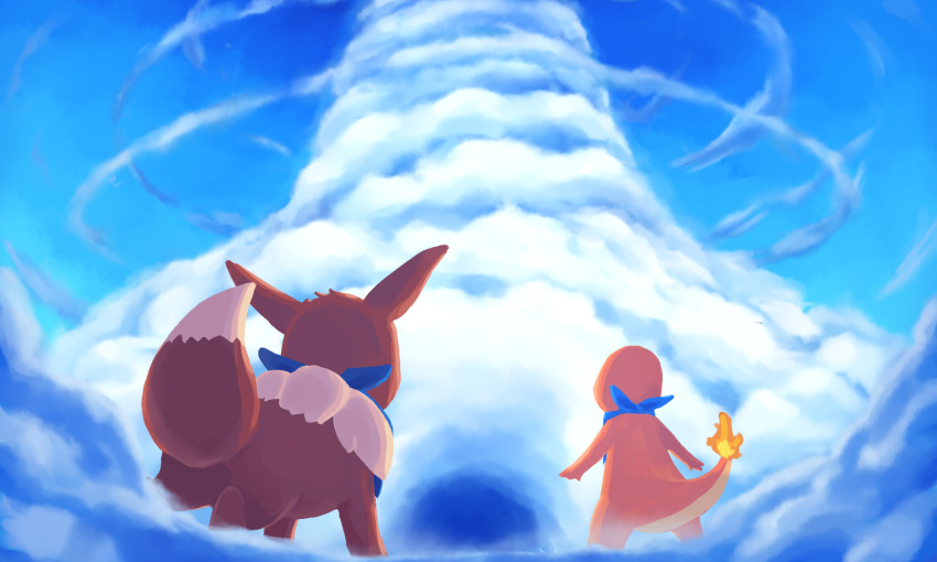 bandana blue_sky blue_theme charmander clothed_pokemon clouds commentary day eevee fire fisheye from_behind fushigi_no_dungeon gen_1_pokemon hierotubas highres looking_up outdoors pokemon pokemon_(game) pokemon_mystery_dungeon sky standing tower