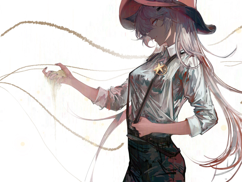1girl animal_ears arknights black_nails black_pants blue_eyes breasts chinese_commentary collared_shirt commentary_request cowboy_hat cowboy_shot ears_through_headwear from_side hair_ornament hairclip hat highres holding lappland_(arknights) long_hair long_sleeves looking_at_viewer looking_to_the_side medium_breasts naijiaer nail_polish pants parted_lips profile red_headwear sand sheriff_badge shirt sideways_glance silver_hair smile solo suspenders very_long_hair white_shirt wolf_ears