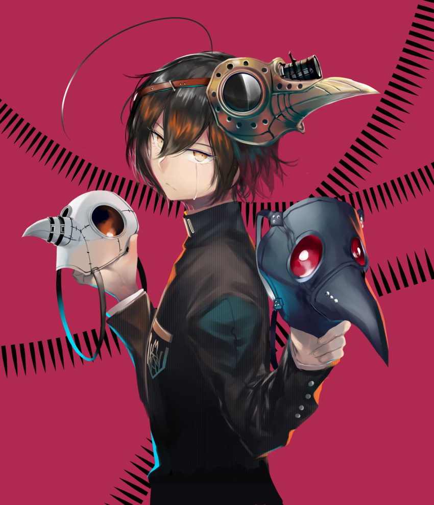 1boy ahoge bangs black_hair brown_eyes brown_hair bullet_print closed_mouth commentary_request dangan_ronpa_(series) dangan_ronpa_v3:_killing_harmony from_side hair_between_eyes highres holding holding_mask long_sleeves looking_at_viewer male_focus mask mask_on_head mask_removed pink_background plague_doctor_mask qianhai red_background saihara_shuuichi short_hair simple_background solo striped_jacket tears upper_body