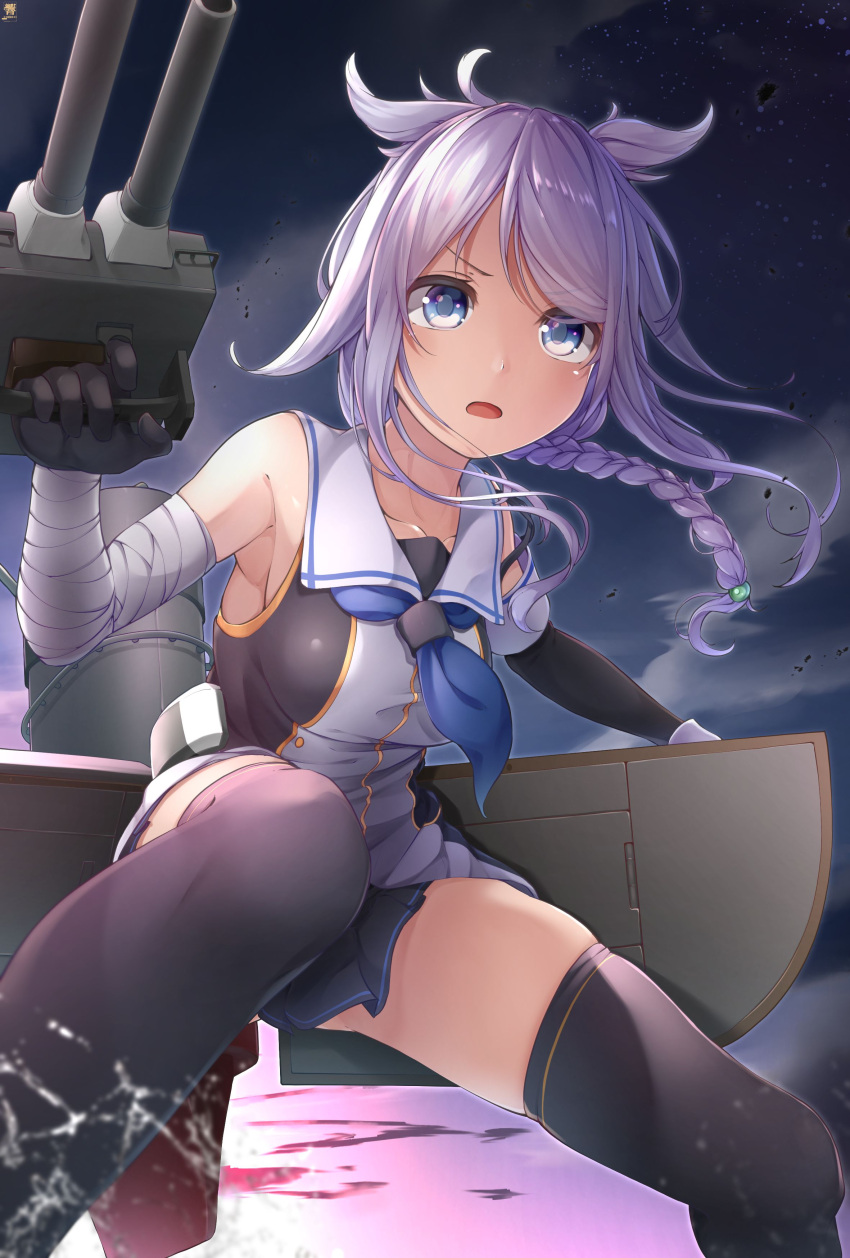 1girl absurdres artist_logo black_gloves black_legwear black_serafuku black_skirt blue_eyes blue_neckwear braid eyebrows_visible_through_hair gloves hibiki_zerocodo highres kantai_collection long_hair machinery neckerchief open_mouth pleated_skirt remodel_(kantai_collection) rigging school_uniform serafuku silver_hair single_braid skirt smokestack solo thigh-highs turret umikaze_(kantai_collection) very_long_hair