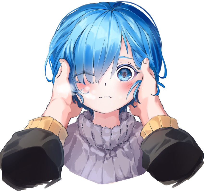 1girl bangs blue_eyes blue_hair blush closed_mouth commentary_request disembodied_limb hair_ornament hair_over_one_eye hands_on_another's_face hands_up highres long_sleeves looking_at_viewer natsuki_subaru one_eye_closed pov pov_hands re:ankh re:zero_kara_hajimeru_isekai_seikatsu reflection rem_(re:zero) short_hair simple_background solo_focus sweater upper_body white_background