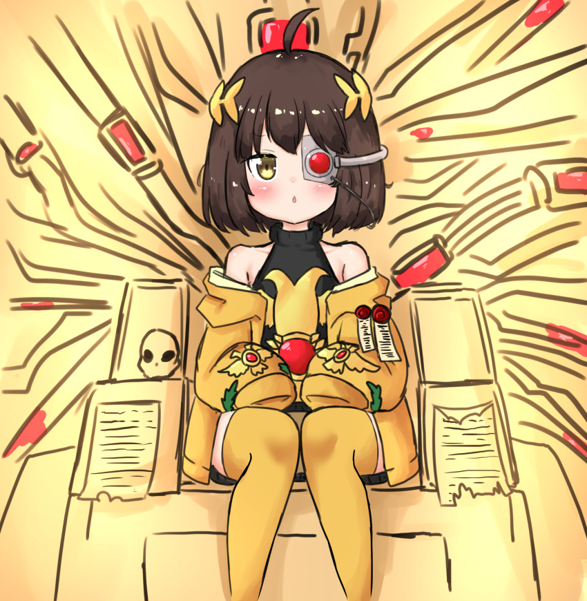 1girl ahoge artificial_eye bailingxiao_jiu brown_hair chinese_commentary commentary_request emperor_of_mankind genderswap genderswap_(mtf) highres imperium_of_man loli mechanical_eye original parchment purity_seal skull solo thigh-highs throne warhammer_40k yellow_eyes