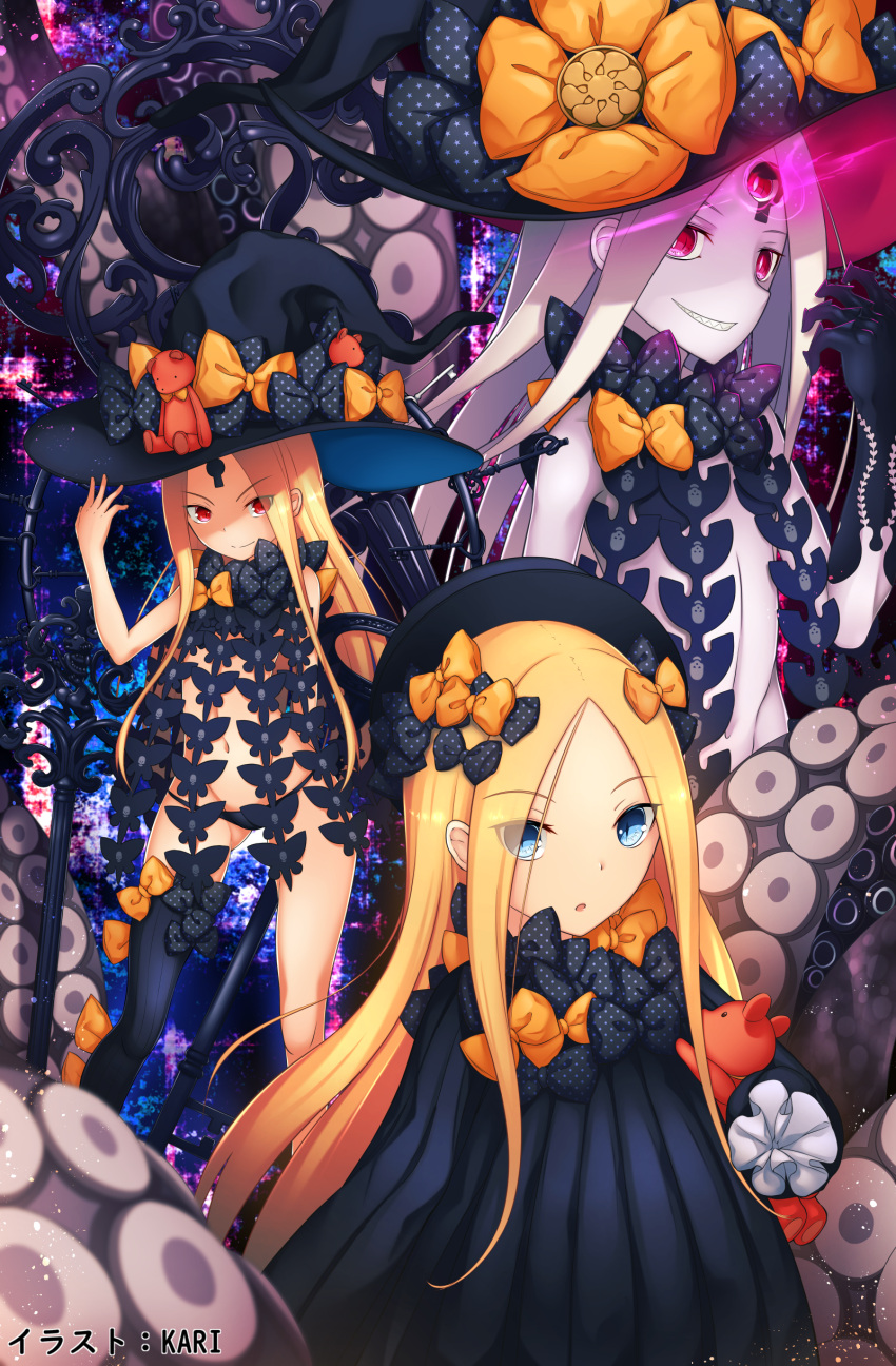 3girls abigail_williams_(fate/grand_order) absurdres bangs bare_shoulders black_bow black_dress black_headwear black_legwear black_panties blonde_hair blue_eyes blush bow breasts colored_skin dress fate/grand_order fate_(series) forehead glowing glowing_eye grin hair_bow hat highres karikun77 keyhole long_hair looking_at_viewer multiple_bows multiple_girls multiple_persona navel open_mouth orange_bow panties parted_bangs polka_dot polka_dot_bow red_eyes ribbed_dress single_thighhigh sleeves_past_fingers sleeves_past_wrists small_breasts smile stuffed_animal stuffed_toy teddy_bear tentacles thigh-highs third_eye underwear white_hair white_skin witch_hat