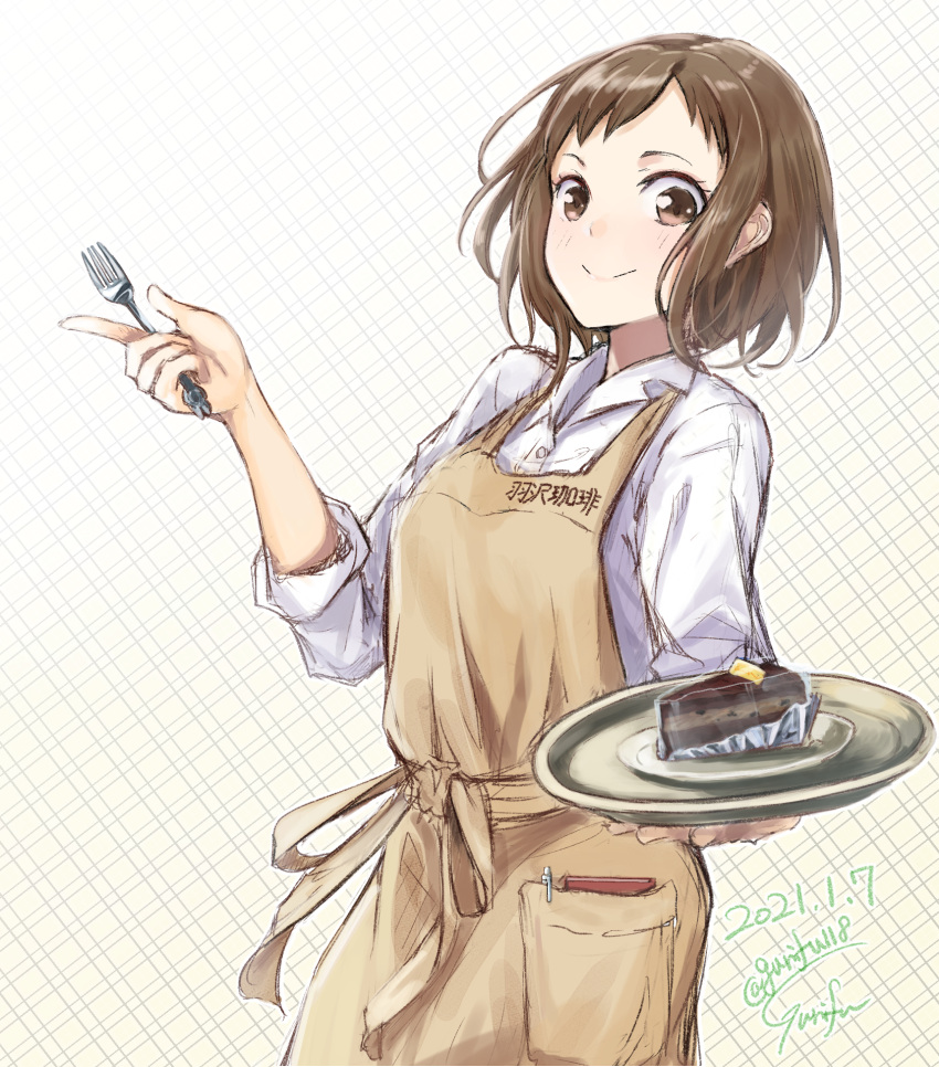 1girl apron bang_dream! blush brown_apron brown_background brown_eyes brown_hair closed_mouth collared_shirt commentary_request dated food fork gurifu hand_up hazawa_tsugumi highres holding holding_fork holding_tray long_sleeves looking_at_viewer shirt signature smile solo tray twitter_username white_shirt