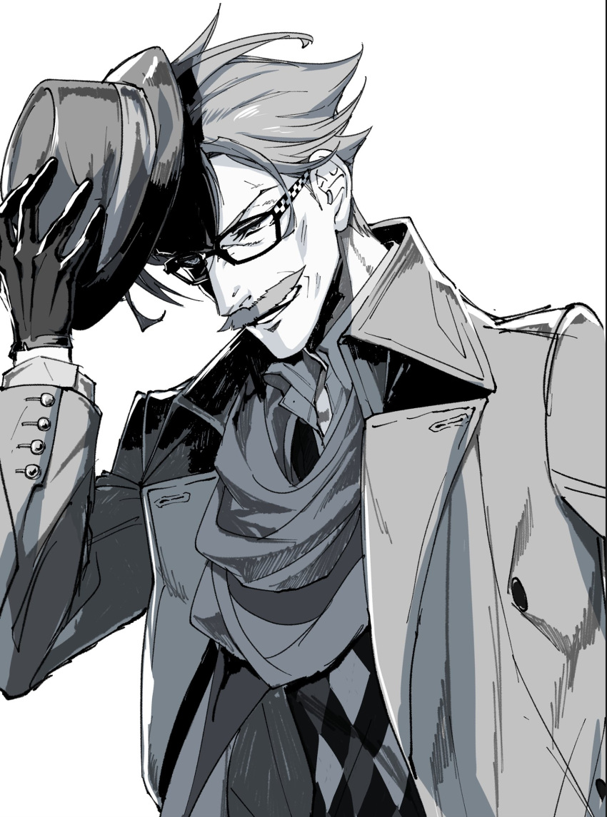 1boy argyle argyle_vest black_gloves coat facial_hair fate/grand_order fate_(series) glasses gloves grey_hair greyscale hand_up hat hat_removed headwear_removed highres james_moriarty_(fate/grand_order) male_focus monochrome mustache scarf simple_background solo suzuki_rui sweater upper_body white_background