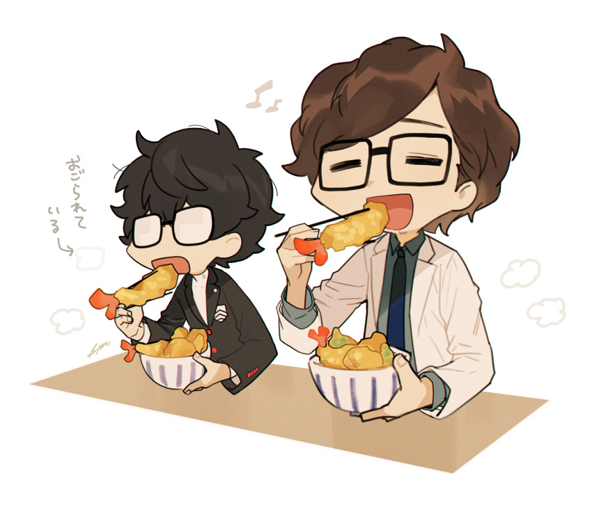 2boys absurdres amamiya_ren bangs black_hair black_jacket bowl brown_hair btmr_game chibi chopsticks closed_eyes food glasses hair_between_eyes highres jacket labcoat long_sleeves male_focus maruki_takuto multiple_boys musical_note necktie opaque_glasses open_mouth persona persona_5 persona_5_the_royal school_uniform shirt shrimp shrimp_tempura shuujin_academy_uniform signature simple_background tempura translation_request