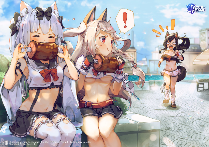 ! 3girls :t animal_ears armpits azur_lane bare_shoulders belt black_gloves black_hair black_shirt black_skirt bow bowtie bra_strap braid breasts cat_ears closed_eyes crop_top crop_top_overhang dog_ears eating fake_animal_ears food frilled_skirt frills gloves hair_bow highres holding long_hair meat medium_breasts midriff miniskirt multiple_girls nachoz_(nachozart) navel no_bra notice_lines off_shoulder official_art open_mouth ponytail red_eyes sailor_collar school_uniform serafuku shigure_(azur_lane) shirt silver_hair sitting skirt sleeveless sleeveless_shirt socks spoken_exclamation_mark stomach suspenders sweat thigh-highs thighs twintails two_side_up under_boob v-shaped_eyebrows white_legwear white_shirt white_skirt yukikaze_(azur_lane) yuudachi_(azur_lane) zettai_ryouiki