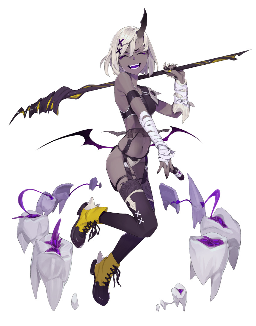 1girl :d bandaged_arm bandages black_nails blonde_hair breasts brown_legwear closed_eyes crop_top cross-laced_footwear dark_skin dark-skinned_female demon_wings detached_teeth facing_viewer fingernails garter_belt hair_ornament hairclip hand_up highres holding holding_spear holding_weapon horns kamameshi_gougoumaru low_wings medium_hair nail_polish navel open_mouth original panties polearm shoes simple_background single_horn small_breasts smile solo spear teeth thigh-highs thumb_ring underwear weapon white_background white_panties wings x_hair_ornament yellow_footwear
