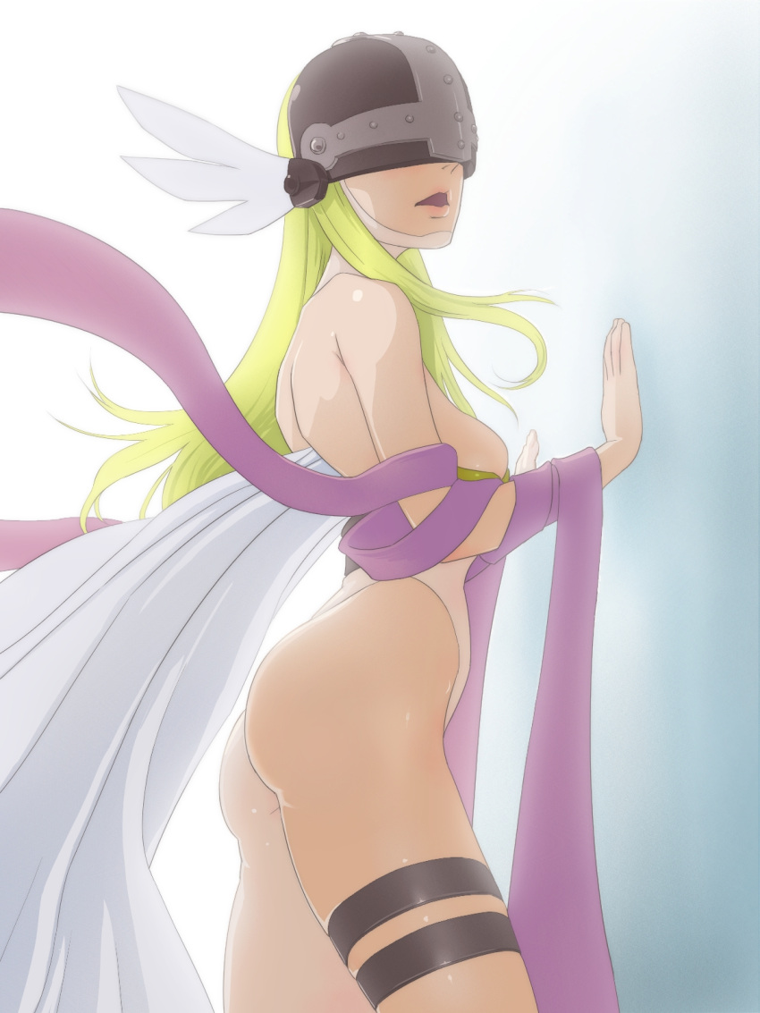 1girl :o angel_wings angewomon ass asymmetrical_legwear bare_shoulders blonde_hair breasts covered_eyes cowboy_shot digimon facing_viewer from_side hagoromo hands_on_wall helmet highres large_breasts long_hair muramura_hito parted_lips revealing_clothes shawl skindentation solo white_legwear white_wings wings