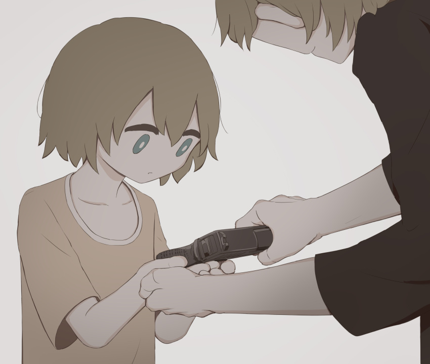 2boys absurdres avogado6 bare_arms black_shirt blonde_hair blue_eyes brown_hair commentary giving gun handgun highres holding holding_gun holding_weapon looking_down multiple_boys original pistol shirt short_hair short_sleeves simple_background t-shirt upper_body weapon white_background yellow_shirt