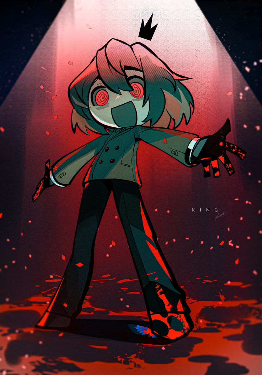 1boy @_@ absurdres akechi_gorou bangs blood blood_splatter bloody_clothes btmr_game chibi confetti crown gloves hair_between_eyes highres jacket long_sleeves male_focus open_mouth pants persona persona_5 red_eyes signature simple_background solo spotlight standing
