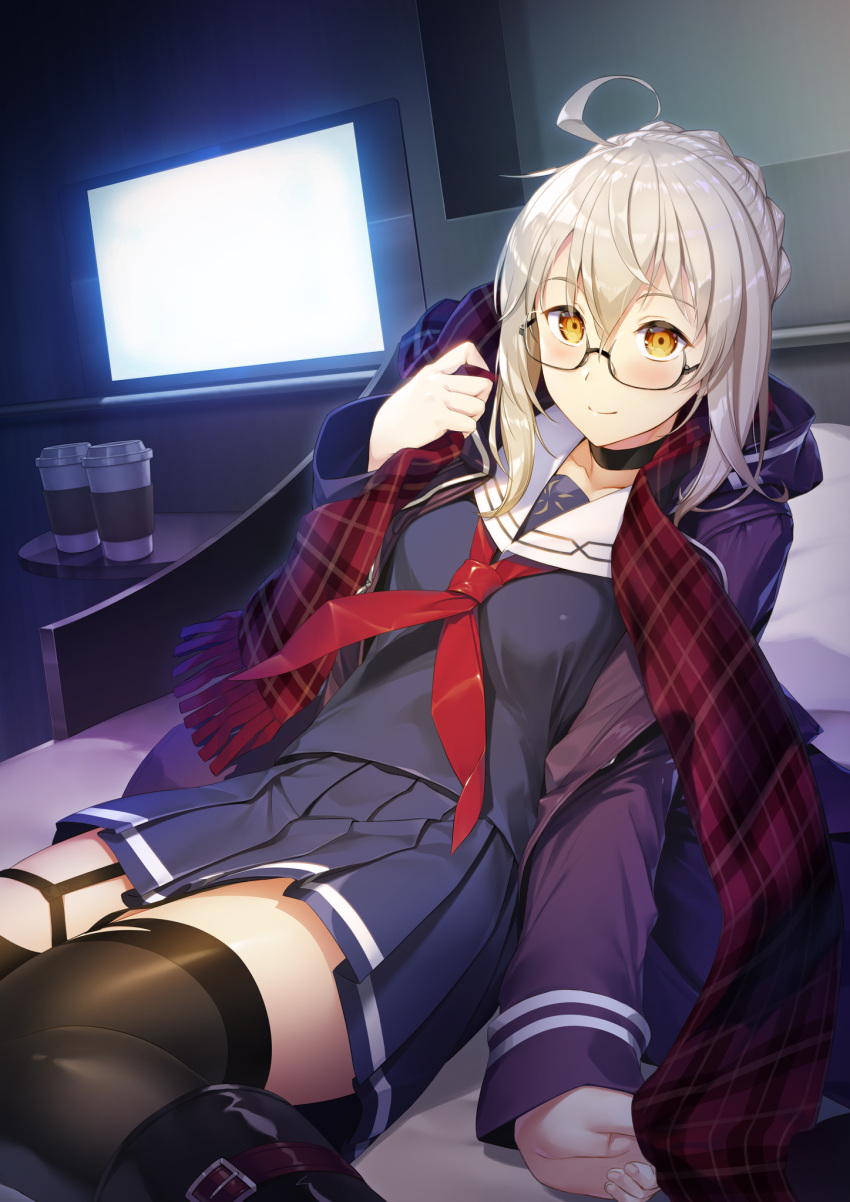 1girl ahoge artoria_pendragon_(all) bangs bed bed_sheet black-framed_eyewear black_choker blouse blue_blouse blue_jacket blue_skirt breasts choker closed_mouth coffee collarbone commentary_request cup disposable_cup fate/grand_order fate_(series) glasses hair_bun highres jacket leg_garter looking_at_viewer medium_breasts mysterious_heroine_x_(alter) neck_ribbon nonderi on_bed pillow plaid plaid_scarf platinum_blonde_hair pleated_skirt reclining red_neckwear red_scarf ribbon sailor_collar scarf school_uniform semi-rimless_eyewear serafuku short_hair sidelocks skirt smile solo television thigh-highs yellow_eyes