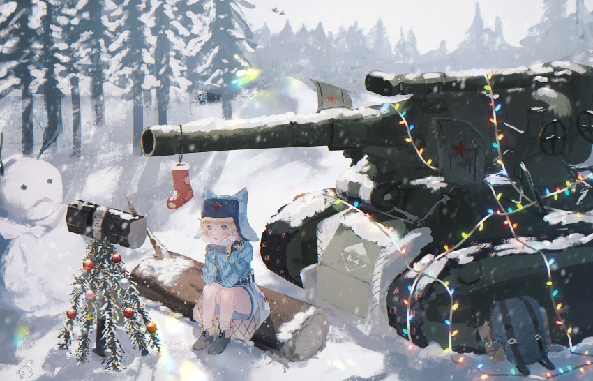 1girl ankodesoy ash_arms b-4_(ash_arms) belt blonde_hair blue_eyes christmas_tree forest gloves ground_vehicle hammer highres log military military_vehicle motor_vehicle nature pine_tree short_hair sitting snowing snowman solo tank tree turret winter_clothes