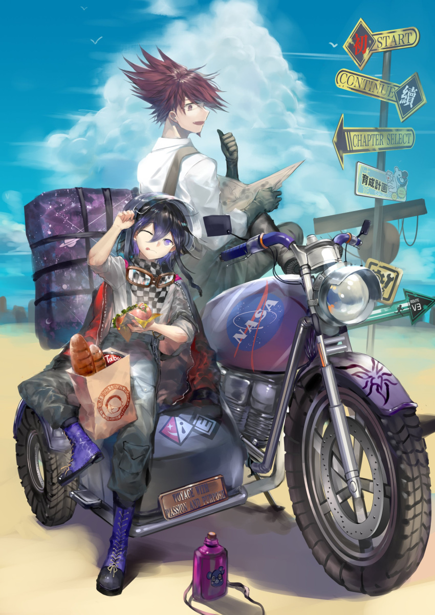 2boys ;p absurdres alternate_costume animal_print bag bangs bear_print black_footwear black_gloves black_hair boots bottle bread brown_hair checkered checkered_scarf clouds commentary_request dangan_ronpa_(series) dangan_ronpa_v3:_killing_harmony day food gloves goggles goggles_around_neck ground_vehicle hand_up highres holding holding_food momota_kaito monokuma motor_vehicle motorcycle multiple_boys nasa_logo one_eye_closed ouma_kokichi outdoors overalls pants paper_bag purple_footwear qianhai scarf shirt short_hair sign sitting tongue tongue_out violet_eyes white_shirt