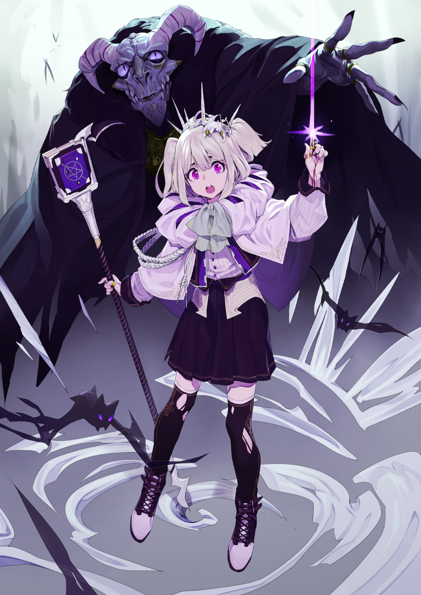 1girl animal bangs bat black_eyes black_skirt blood boots bow coat crown embarrassed fingernails floating full_body ghost glint hair_between_eyes hand_up highres holding holding_scepter horns jewelry kamameshi_gougoumaru levitation long_fingernails long_sleeves looking_at_viewer looking_up magic magical_girl medium_hair monster open_mouth original pentagram pink_eyes pointing ring robe scepter shoelaces silver_hair skirt teeth thigh-highs thumb_ring torn_clothes torn_legwear twintails wide_sleeves