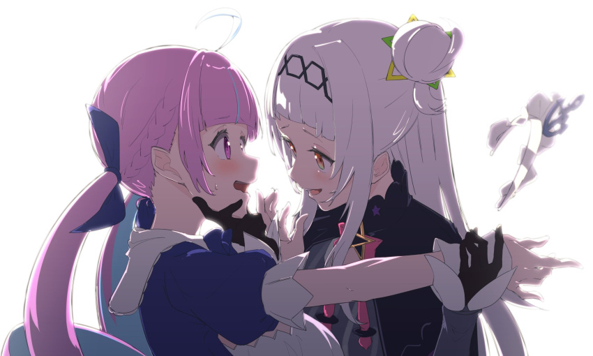 2girls ahoge backlighting black_gloves blue_hair blush brown_eyes commentary_request gloves hair_bun hand_on_another's_chin highres hololive long_hair looking_at_another low_twintails maid_headdress minato_aqua multicolored_hair multiple_girls murasaki_shion namaonpa open_mouth purple_hair twintails two-tone_hair upper_body violet_eyes virtual_youtuber white_background white_hair yuri