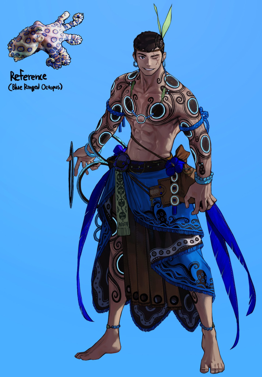1boy abs anklet barefoot black_hair blue-ringed_octopus blue_background blue_feathers earrings english_text highres hoop_earrings jewelry leaf muscular muscular_male octopus one_eye_closed original parted_lips rinotuna rope scar scar_across_eye shirtless short_hair simple_background smile solo tattoo