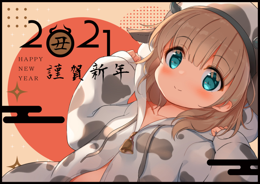 1girl 2021 animal_ears animal_print arms_up bell blue_eyes blush brown_hair coat commentary_request cow_ears cow_horns cow_print happy_new_year hat highres hood horns new_year original short_hair smile solo tsumiki_akeno upper_body white_coat white_headwear