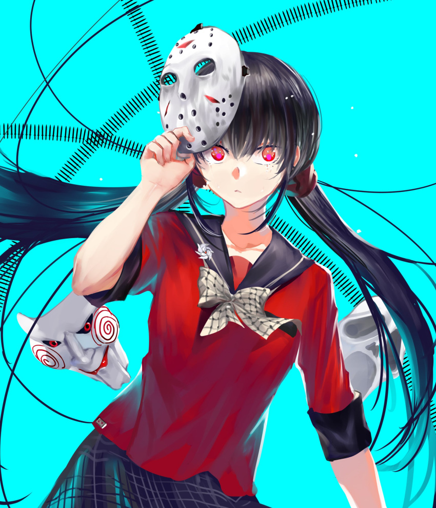 1girl aqua_background bangs black_hair blunt_bangs brown_hair closed_mouth cowboy_shot dangan_ronpa_(series) dangan_ronpa_v3:_killing_harmony floating_hair friday_the_13th frown hair_ornament hair_scrunchie hand_up harukawa_maki highres hockey_mask holding holding_mask long_hair looking_at_viewer low_twintails mask mole mole_under_eye pleated_skirt qianhai red_eyes red_scrunchie red_shirt saw_(movie) school_uniform scream_(movie) scrunchie serafuku shirt simple_background skirt solo thigh-highs twintails very_long_hair