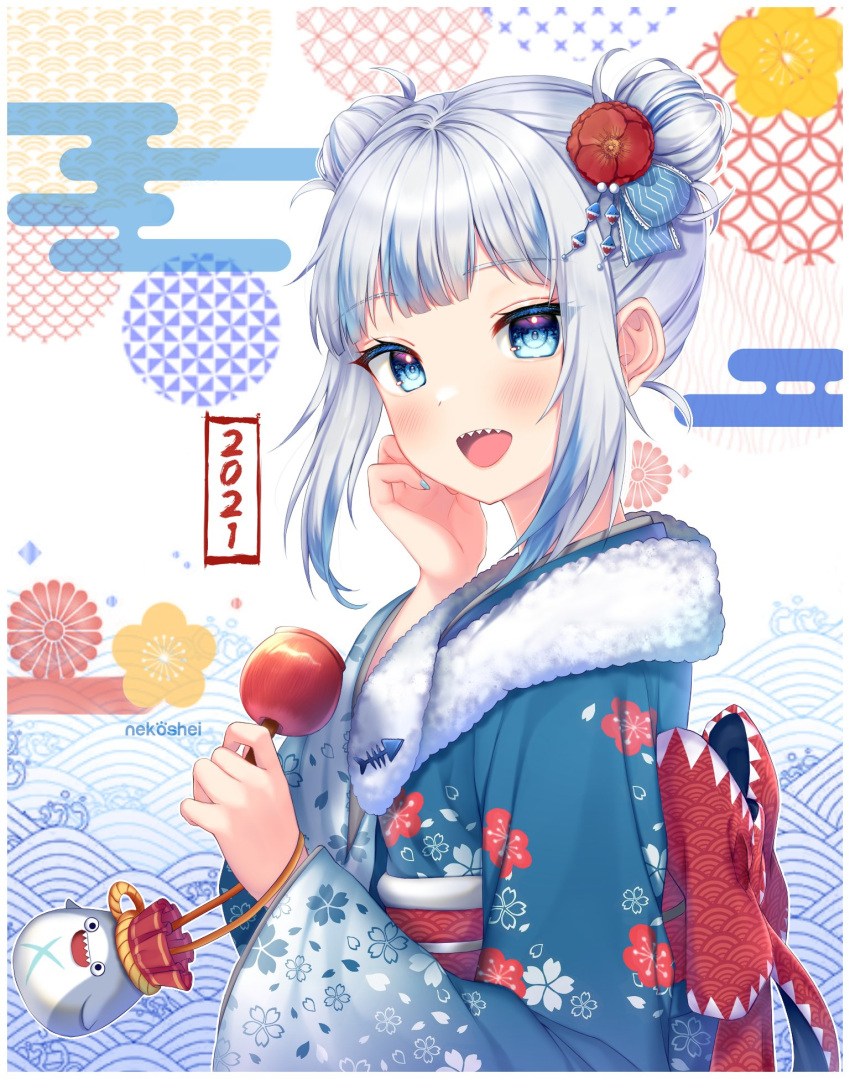 1girl :d abstract_background alternate_costume alternate_hairstyle artist_name bangs bloop_(gawr_gura) blue_eyes blue_kimono blue_nails blunt_bangs blush double_bun eyebrows_visible_through_hair fish_bone floral_print flower fur_trim gawr_gura gradient_clothes hair_flower hair_ornament hand_on_own_cheek hand_on_own_face highres hololive hololive_english japanese_clothes kimono long_hair looking_at_viewer mixed-language_commentary multicolored_hair nail_polish nekoshei obi open_mouth red_flower sash sharp_teeth sidelocks silver_hair smile solo streaked_hair teeth upper_body wide_sleeves