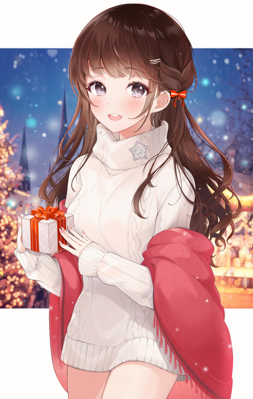 1girl :d absurdres aran_sweater bangs blurry blurry_background blush bow box braid breasts brown_hair check_copyright commentary_request copyright_request cowboy_shot dress eyebrows_visible_through_hair gift gift_box hair_bow hair_ornament hair_ribbon hairclip highres holding holding_gift lebring long_hair long_sleeves looking_at_viewer medium_breasts open_mouth original outdoors red_ribbon ribbed_sweater ribbon sleeves_past_wrists smile snow snowing solo standing sweater sweater_dress white_sweater