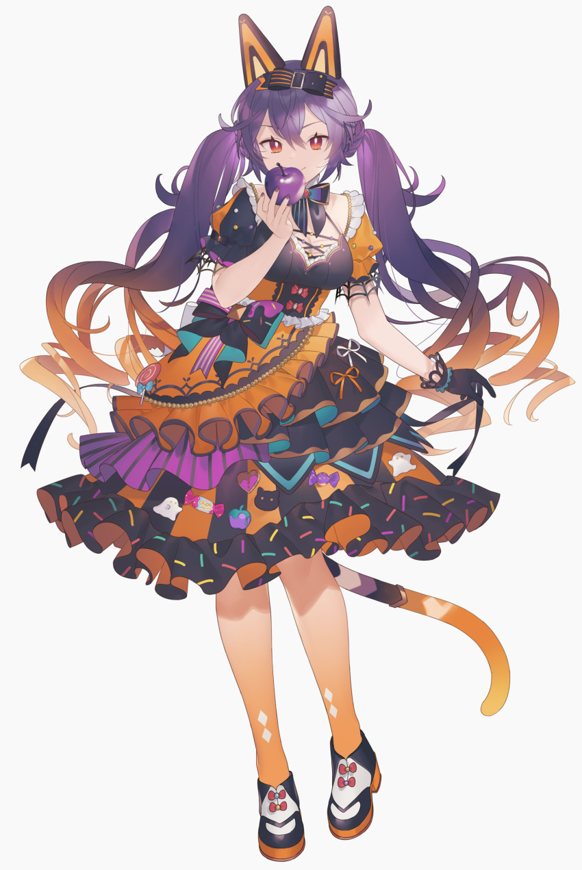 1girl animal_ears apple asymmetrical_clothes bow bowtie braid cat_tail closed_mouth commentary_request curly_hair dot_nose dress eyebrows_behind_hair fake_animal_ears food frilled_dress frills fruit full_body gloves gradient gradient_eyes gradient_hair gradient_legwear hair_between_eyes hair_bow heiwa_(murasiho) highres holding holding_food holding_fruit long_hair looking_at_viewer multicolored multicolored_eyes multicolored_hair multicolored_tail multiple_braids nail_polish orange_hair original purple_hair simple_background single_glove smile solo tail twintails white_background