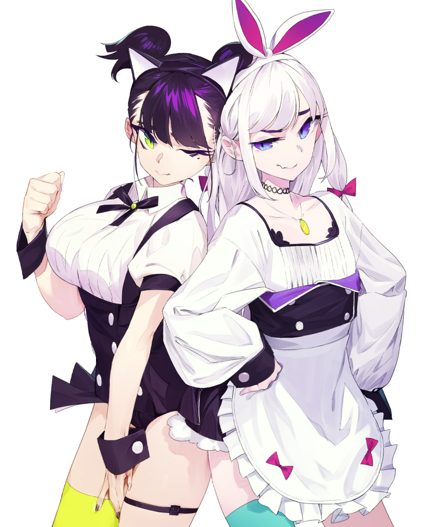 2girls animal_ears apron black_leotard black_neckwear black_ribbon blue_eyes bow bow_hairband breasts cat_ears choker closed_mouth cowboy_shot double-breasted fake_animal_ears green_eyes green_legwear hair_bow hairband hand_on_hip hands_on_hips high-waist_skirt highres jewelry kamameshi_gougoumaru large_breasts leotard long_hair long_sleeves looking_at_viewer miniskirt mole mole_under_eye multicolored multicolored_eyes multiple_girls neck_ribbon necklace original puffy_long_sleeves puffy_short_sleeves puffy_sleeves purple_hair red_bow ribbon short_hair short_sleeves simple_background single_thighhigh skirt slit_pupils square_neckline standing suspenders thigh-highs twintails violet_eyes waist_apron white_apron white_background white_hair wrist_cuffs yellow_legwear