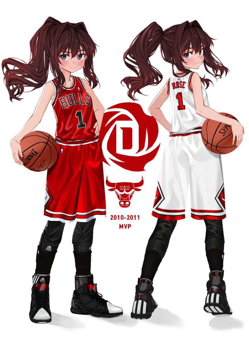1girl ball bangs bare_arms bare_shoulders basketball basketball_uniform blue_eyes blush breasts brown_hair closed_mouth collarbone elisia_valfelto english_commentary full_body hair_between_eyes highres holding holding_ball jersey luicent multiple_views national_basketball_association original ponytail shin_guards shoes sidelocks sleeveless small_breasts smile sneakers sportswear standing tank_top