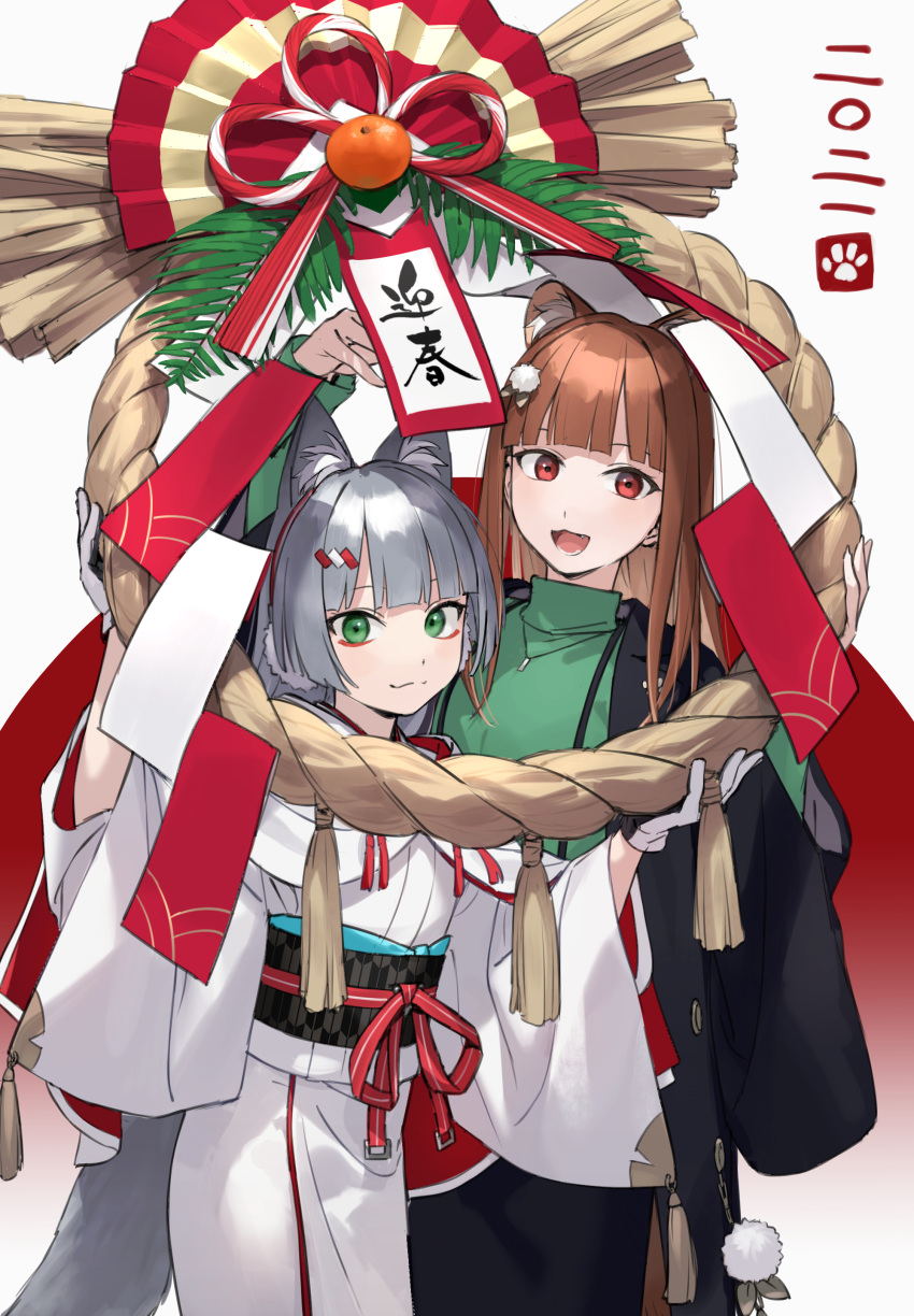 2girls absurdres animal_ear_fluff animal_ears bangs brown_hair commentary_request eyeshadow fang fox_ears fox_girl fox_tail gloves green_eyes grey_hair hair_ornament highres japanese_clothes kimono long_hair makeup multiple_girls obi open_mouth original pom_pom_(clothes) red_eyes rope sash shiragixx tail tanuki translation_request white_gloves