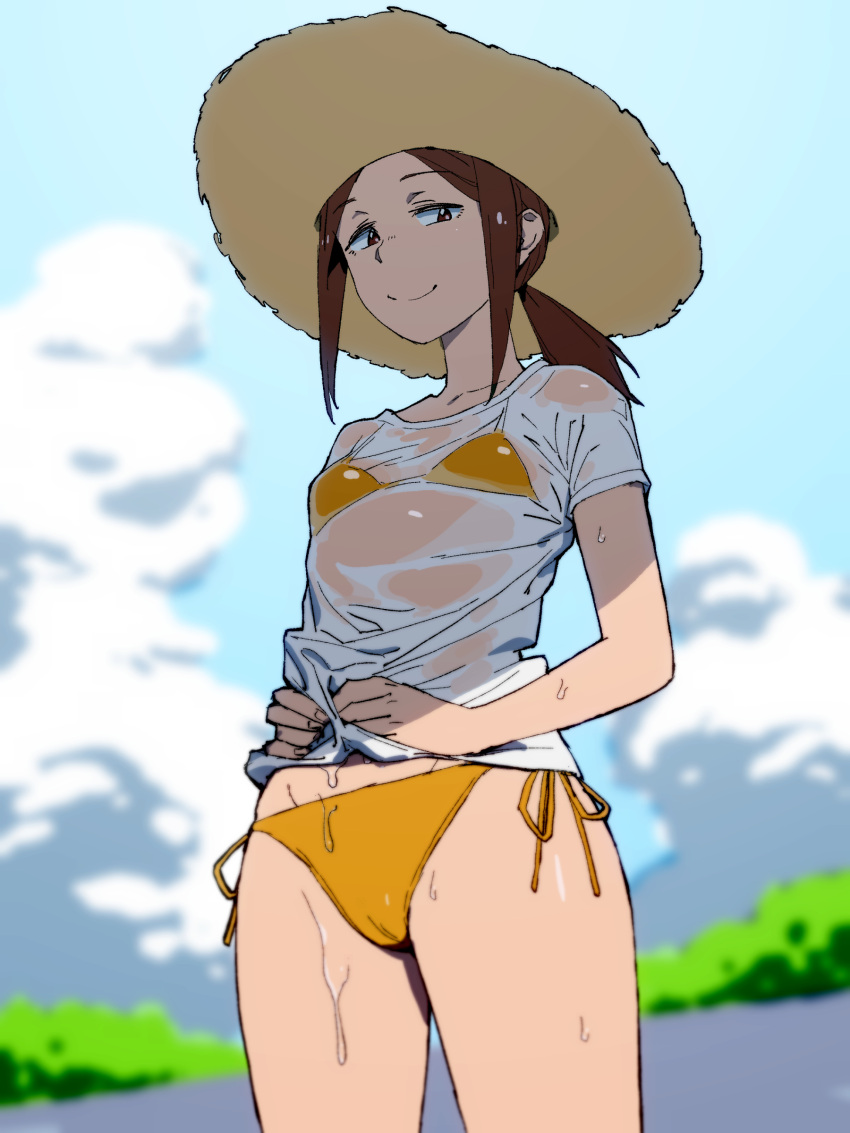 1girl absurdres bikini blue_sky blurry blurry_background brown_eyes brown_hair brown_headwear character_request closed_mouth clouds cloudy_sky commentary copyright_request cowboy_shot day depth_of_field half-closed_eyes hands_on_own_stomach hat highres houkago_teibou_nisshi kuroiwa_yuuki looking_at_viewer medium_hair no_pants onsen_tamago_(hs_egg) outdoors ponytail see-through shirt short_hair side-tie_bikini sidelocks sky smile solo standing sun_hat swimsuit t-shirt wet wet_clothes wet_shirt white_shirt yellow_bikini