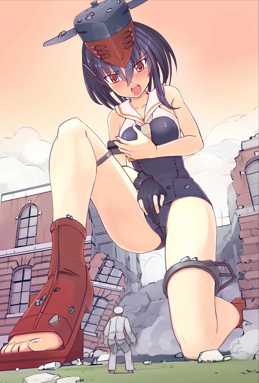 1boy 1girl asymmetrical_hair black_gloves black_hair black_swimsuit blush building giant giantess gloves hair_between_eyes hat highres i-13_(kantai_collection) kantai_collection long_sleeves military military_uniform naval_uniform one-piece_swimsuit open_mouth partially_fingerless_gloves peaked_cap sailor_collar sailor_shirt school_swimsuit seo_tatsuya shirt short_hair sleeveless sleeveless_shirt swimsuit uniform white_sailor_collar white_shirt yellow_eyes