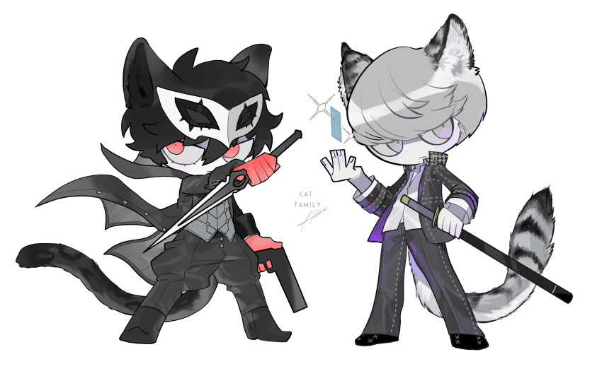 2boys absurdres amamiya_ren animal_ears bangs black_hair btmr_game card cat_ears cat_tail chibi closed_mouth coat dagger dual_wielding gloves grey_eyes gun hair_between_eyes handgun highres holding holding_gun holding_sheath holding_weapon jacket katana long_sleeves male_focus mask multiple_boys narukami_yuu pale_skin pants persona persona_4 persona_5 red_eyes red_gloves sheath sheathed signature silver_hair simple_background standing sword tail weapon white_background