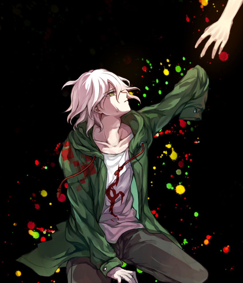 1boy 1other amputee arm_support bangs black_background blood blood_splatter brown_eyes brown_pants coat collarbone commentary_request dangan_ronpa_(series) dangan_ronpa_2:_goodbye_despair dark_background green_coat green_eyes green_jacket highres hood hood_down hoodie jacket komaeda_nagito long_sleeves looking_up male_focus miyuzu open_clothes open_coat pants profile reaching shirt silver_hair sitting smile tears wariza white_hair