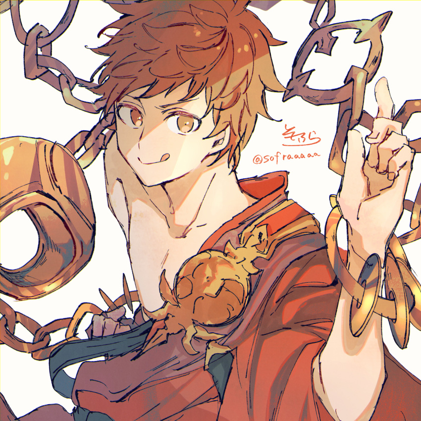 1boy :q bare_shoulders brown_eyes brown_hair brown_kimono chain closed_mouth collarbone gran_(granblue_fantasy) granblue_fantasy grey_background hadanugi_dousa hand_up highres index_finger_raised japanese_clothes kimono looking_at_viewer male_focus monk_(granblue_fantasy) off_shoulder short_sleeves signature simple_background smile sofra solo tongue tongue_out twitter_username v-shaped_eyebrows wide_sleeves