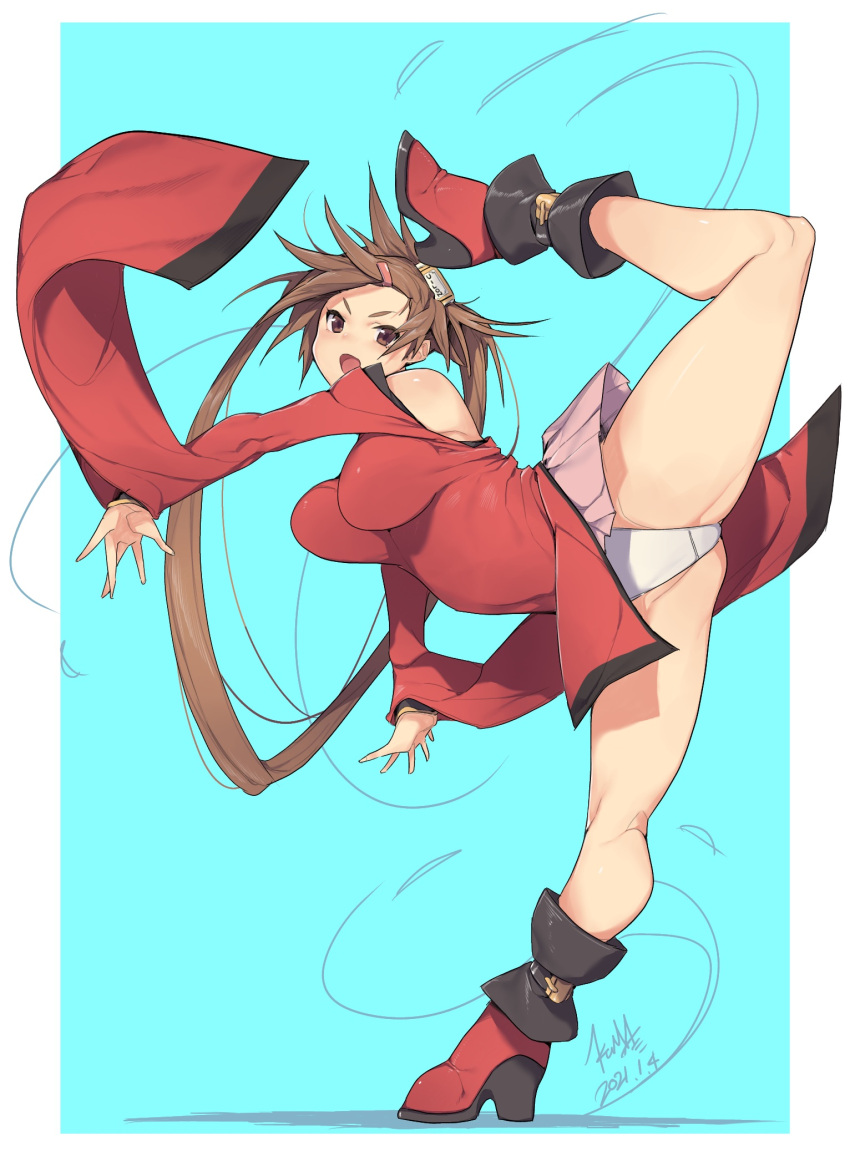 1girl ankle_boots bangs bare_shoulders blue_background boots brown_eyes brown_hair china_dress chinese_clothes commentary_request dress flexible full_body guilty_gear hair_ornament hair_ring hairclip high_heels highres kicking kuma_(jk0073) kuradoberi_jam leg_up looking_at_viewer open_mouth panties red_dress red_footwear shiny shiny_skin simple_background smile solo split thigh-highs twintails underwear white_panties wide_sleeves