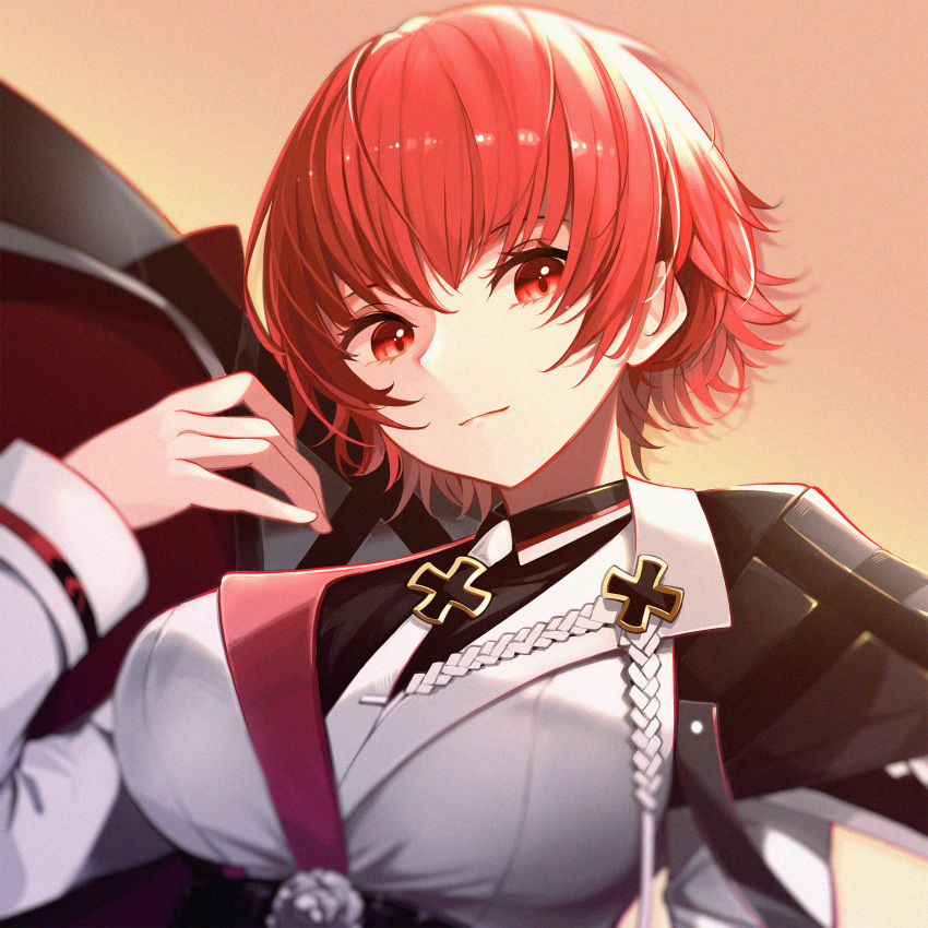 1girl absurdres aiguillette azur_lane bangs black_cape black_skirt breasts cape coat_dress collared_shirt commentary derivative_work dress drop_shadow eyebrows_visible_through_hair hair_between_eyes hand_up highres huge_filesize iron_cross large_breasts lave2600 long_sleeves looking_at_viewer necktie orange_background red_eyes redhead shirt short_hair sidelocks simple_background skirt smile solo upper_body weser_(azur_lane) white_dress white_neckwear