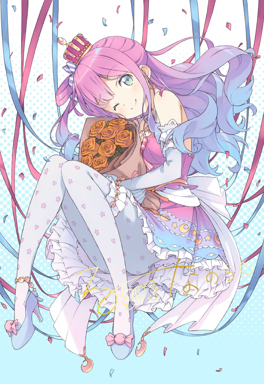 1girl bare_shoulders blue_footwear bouquet candy_hair_ornament crescent crescent_earrings crown dress earrings floating flower food_themed_hair_ornament green_eyes hair_ornament highres himemori_luna hololive jewelry kanzaki_hiro long_hair looking_at_viewer multicolored_hair official_art one_eye_closed pink_hair solo virtual_youtuber white_footwear