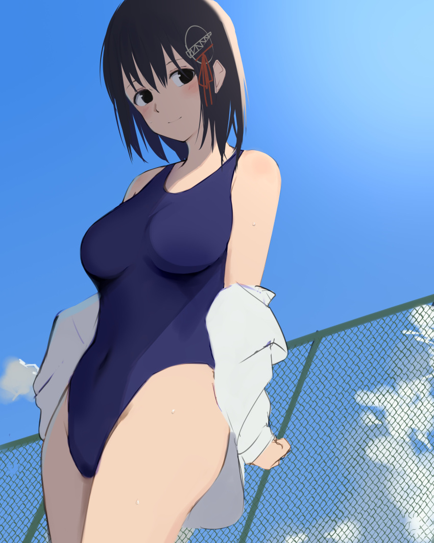 1girl 73suke absurdres black_hair blue_sky blue_swimsuit breasts brown_eyes chain-link_fence clouds competition_swimsuit cowboy_shot day fence haguro_(kantai_collection) hair_ornament highres jacket kantai_collection medium_breasts off-shoulder_jacket one-piece_swimsuit outdoors short_hair sky solo swimsuit white_jacket