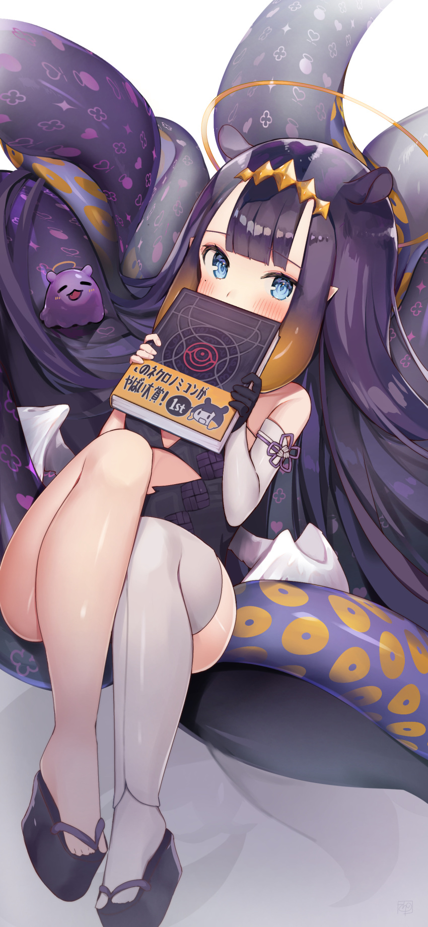 1girl absurdres bangs black_gloves blue_eyes blunt_bangs blush book covering_mouth detached_sleeves dress eyebrows_visible_through_hair gloves halo highres holding hololive hololive_english long_hair looking_at_viewer mole mole_under_eye multicolored_hair ninomae_ina'nis pointy_ears purple_hair sandals simple_background single_detached_sleeve single_glove single_thighhigh sinnop10 sitting tako_(ninomae_ina'nis) tentacle_hair tentacles thigh-highs virtual_youtuber white_background white_legwear