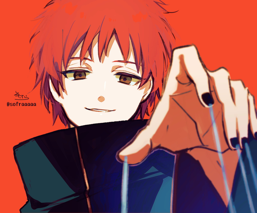 1boy absurdres black_jacket black_nails brown_eyes hand_up high_collar highres jacket long_sleeves looking_at_viewer male_focus nail_polish naruto_(series) naruto_shippuuden orange_background parted_lips redhead sasori signature smile sofra solo string twitter_username upper_body wide_sleeves