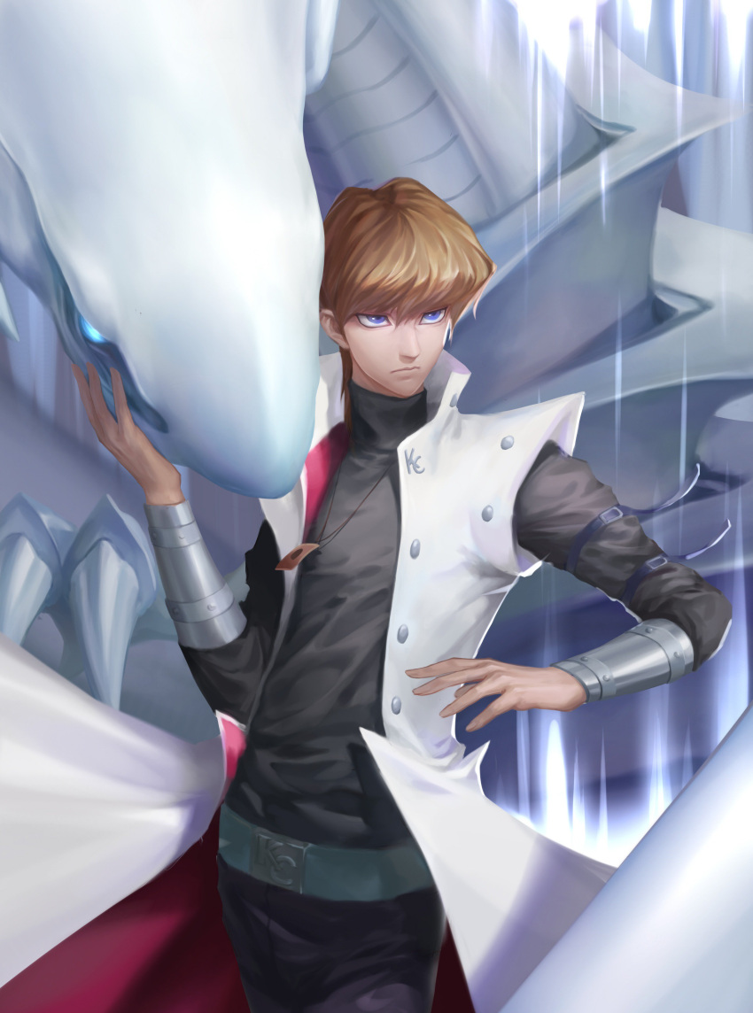 1boy absurdres arm_belt bangs blue-eyes_white_dragon brown_hair card closed_mouth coat commentary duel_monster hair_between_eyes hejia_abby highres jewelry kaiba_seto looking_to_the_side male_focus necklace open_clothes open_coat turtleneck vambraces violet_eyes white_coat yu-gi-oh!