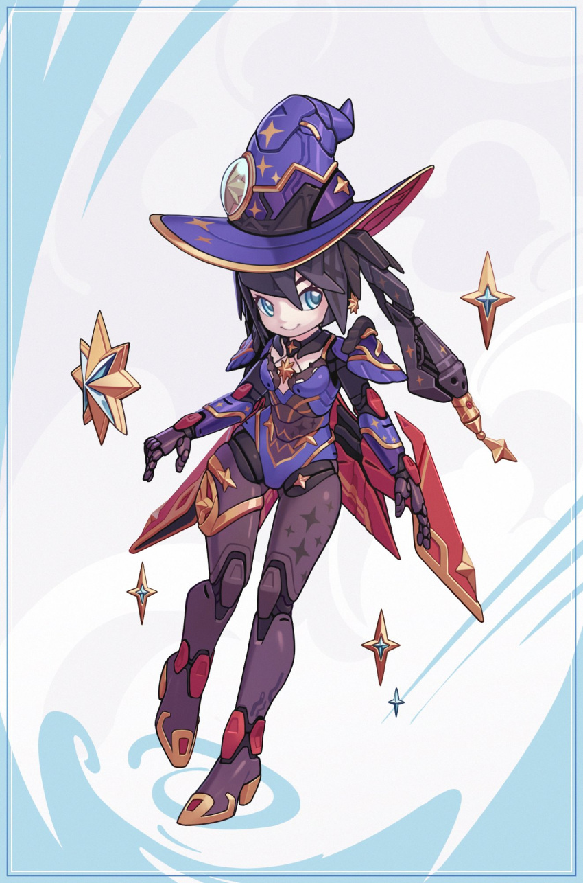 1girl android arms_at_sides black_hair blue_eyes english_commentary full_body genshin_impact hat high_heels highres joints lordyanyu mechanization mona_(genshin_impact) robot_joints smile solo star_(symbol) star_print two-tone_background witch_hat