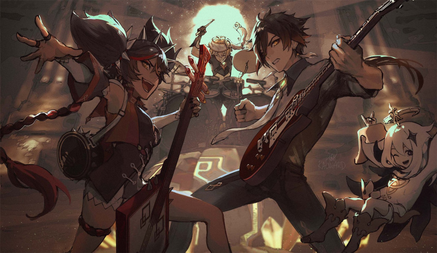 2boys 2girls \m/ aether_(genshin_impact) ahoge bandana bangs black_eyes black_gloves black_hair black_nails blonde_hair blurry blurry_background breasts brown_hair cape clenched_hand clenched_teeth closed_eyes collar collared_shirt dark_skin dark-skinned_female detached_sleeves dress drum drumsticks earrings genshin_impact gloves guitar hair_between_eyes hair_ornament halo highres holding holding_drumsticks holding_instrument instrument jewelry long_hair long_pants long_sleeves looking_at_viewer multicolored_hair multiple_boys multiple_girls nail_polish necktie open_mouth outstretched_arms paimon_(genshin_impact) pants ponytail redhead ring scarf shirt short_twintails single_earring sleeves_rolled_up smile spikes spread_arms streaked_hair tassel tassel_earrings teeth thigh-highs thighs tongue twintails uglykao white_dress white_hair white_legwear xinyan_(genshin_impact) yellow_eyes zhongli_(genshin_impact)