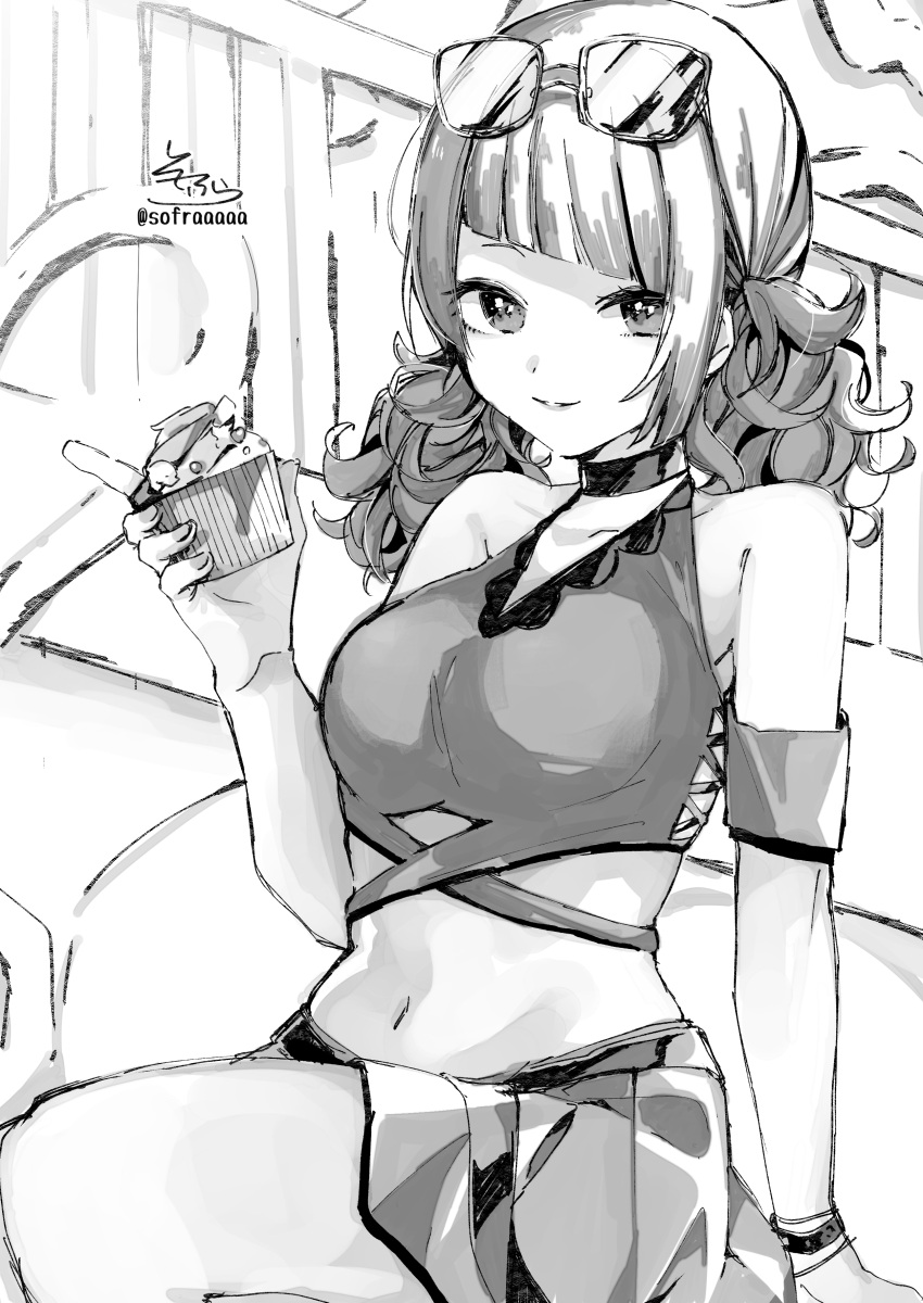 1girl absurdres arm_support bangs bare_arms bare_shoulders bikini bikini_top choker closed_mouth cupcake diagonal_bangs eyewear_on_head food greyscale hand_up highres holding holding_food idolmaster idolmaster_shiny_colors long_hair looking_at_viewer low_twintails monochrome navel pleated_skirt signature sitting skirt smile sofra solo sunglasses swimsuit tanaka_mamimi twintails twitter_username